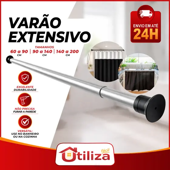 Varão Extensível Ajustável de Alumínio 60cm a 2m para Cortina, Box Banheiro e Suporte Guarda Roupas
