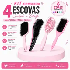 Kit 4 Escovas de Cabelo Profissionais: FITAGEM, FLEX OVAL, RAQUETE CURVA e MÁGICA Desembaraçante