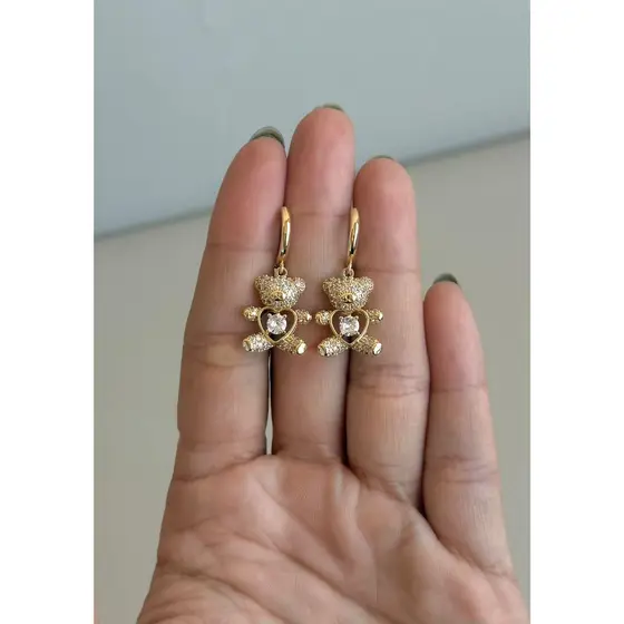 Brinco Feminino Bijuteria Urso Ursinho com Brilho Cravejado Brilhante Dourado e Prata Delicado Moda