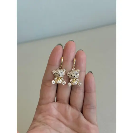 Brinco Feminino Urso Dourado e Prata com Brilho Brilhante Delicado Moda Tendência Ursinho Chique