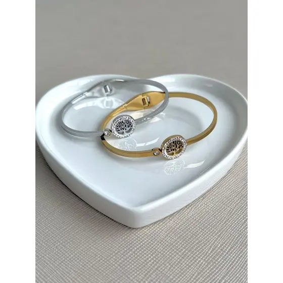 Bracelete Feminino Aço Inoxidável Dourado Árvore da Vida Moda Tendência com Brilho Brilhante Prata