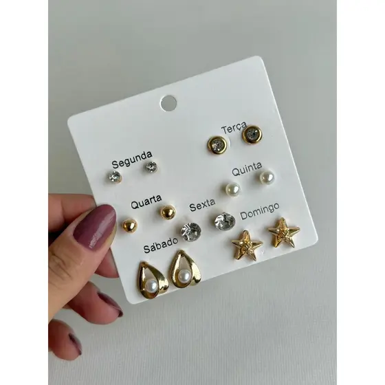 Kit Brincos Semaninha Semana Feminino Bijuteria Dourado Delicado Pequenos Pérola Fofo Estrela Brilho