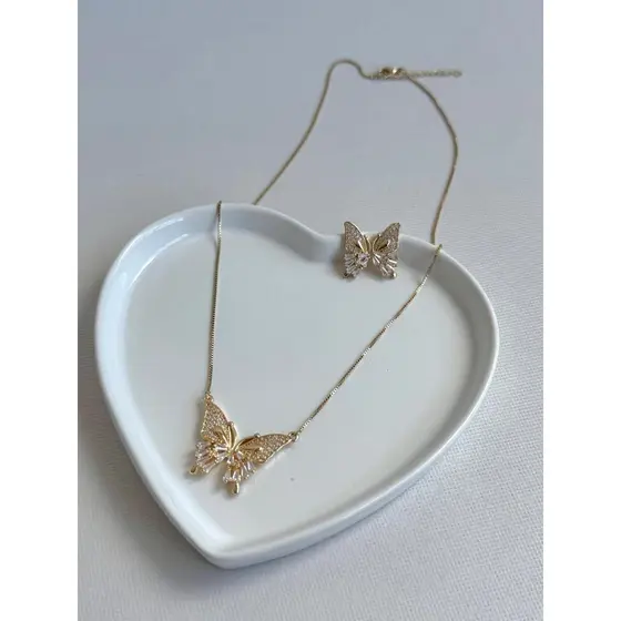 Conjunto Colar e Brinco Borboleta Feminino Delicado Bijuteria Elegante Presente Moda Brilhante