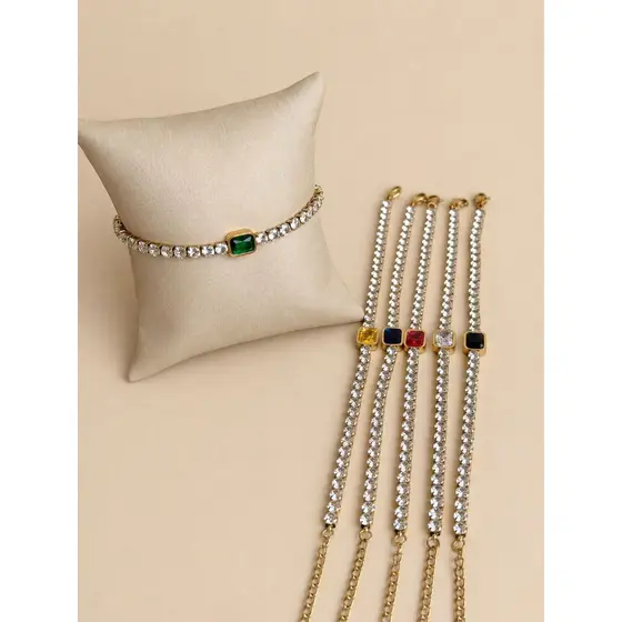 Pulseira Feminina em Aço Inoxidável Riviera Cravejada com Zircônia Pedraria Colorida Luxo Dourado