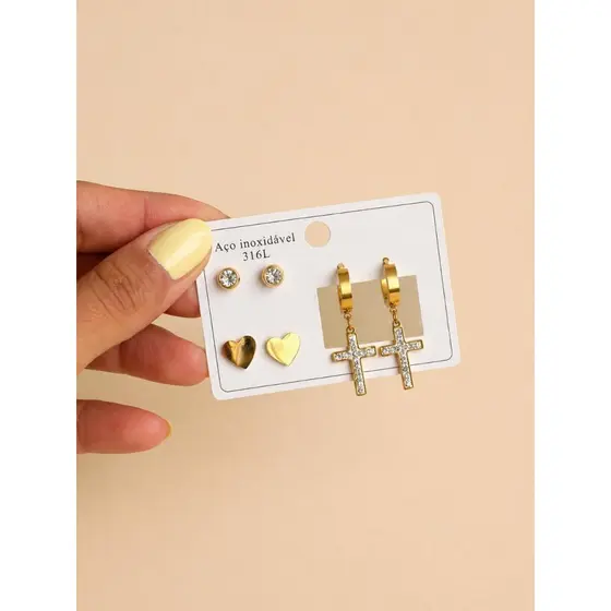 Trio de Brincos em Aço Inoxidável Dourado Cruz com Brilho Ponto de Luz Delicado Elegante Moda