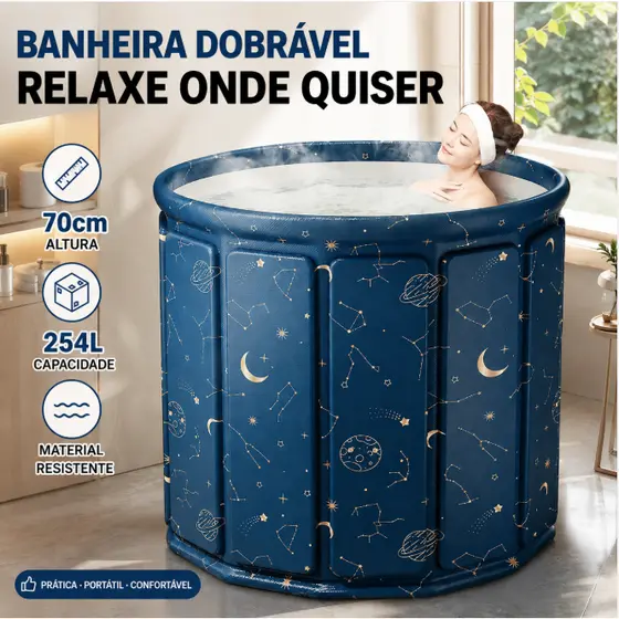 Banheira Dobrável SPA Adulto Portátil, 70cm, 254 Litros, Ofurô Reforçado com Drenagem Rápida