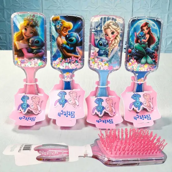 Escova de cabelo moda feminina modelo lilo Stitch cerdas onduladas com gliter soltos pente de cabelo