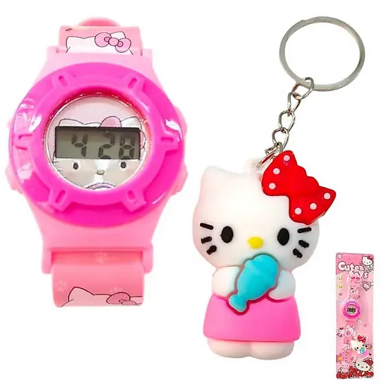 Relogio Digital Hello Kitty + Chaveiro de bolsa modelo rosa de meninas kit presente de moda