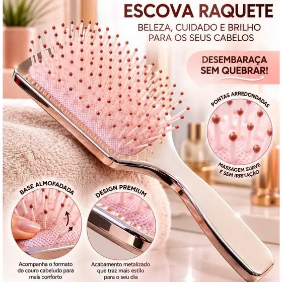 Escova Raquete Profissional Desembaraçadora Anti Frizz Cerdas Flexiveis Massageadora Para Todos Os Cabelos