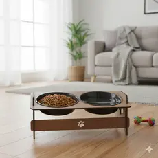 Comedouro Pet Duplo 400ml com Base de Madeira MDF e Tigelas Plásticas Removíveis