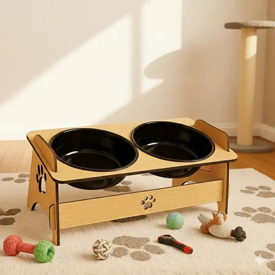 Comedouro MDF Duas Tampas Marrom Caramelo Funcionalidade Estilo Pet Cachorro Gato Ração Agua