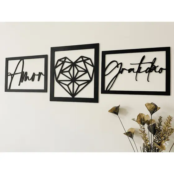 Kit 3 Quadros Decorativos Mosaico Trio Amor Gratidão Coração Frase Sala Quarto Presente MDF