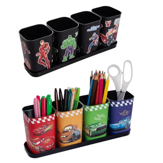 Kit Porta Canetas Organizador de Mesa Carros Super Herois Marvel Com Bandeja Plasútil