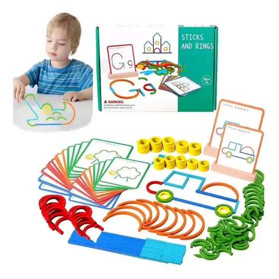 Quebra-Cabeça Montessori de Madeira Educativo com Pinos e Anéis, Bloco de Padrões de Madeira, Brinquedo Montessori