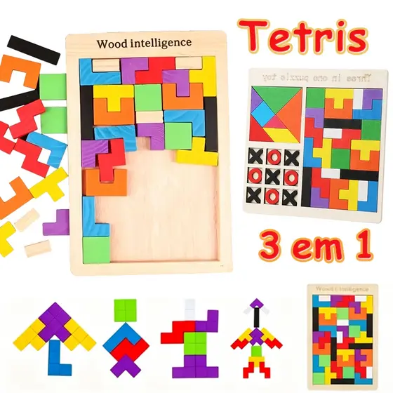 Tetris,3em1 Quebra-cabeça de madeira 3D colorido educativo,Brinquedos educativos para crianças,blocos montar Montessori