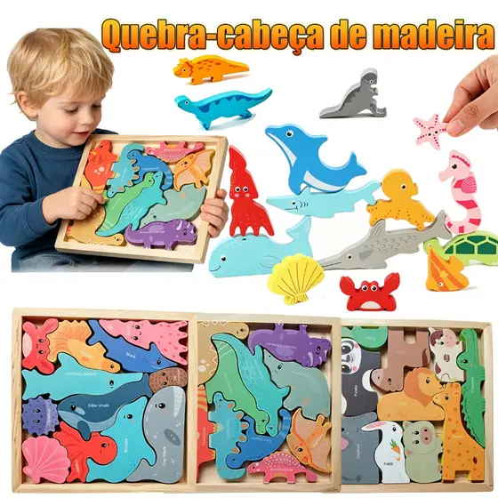 Quebra cabeça 3D de Madeira Montessori, Brinquedos educativos sensoriais para bebês,Quebra-cabeça de animais/oceano/dino