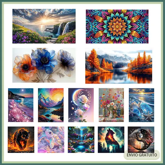 Kit Pintura Quadrado Diamante 5D Completo | Arte Terapêutica | Relaxante, Antiestresse e com Quadros Variados