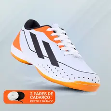 Chuteira de Futsal Unissex Branco Laranja Futebol Quadra Salão e Campo com Solado Costurado