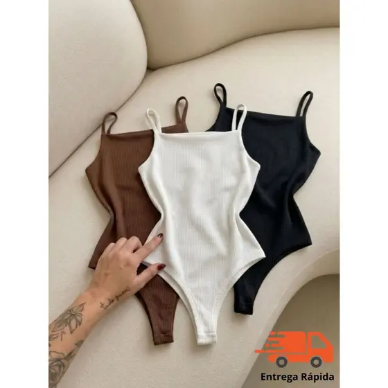Body Feminino Alcinha Decote Quadrado Anarruga Canelado com Forro Ajuste Perfeito