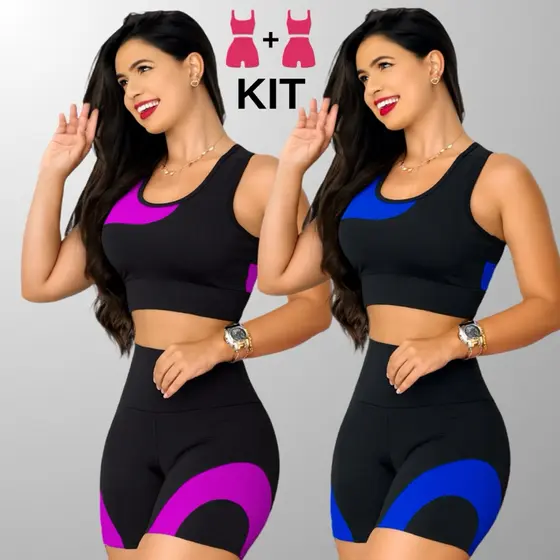 Kit 2 Conjuntos Academia Feminina – Top + Short Cintura Alta e Modeladora