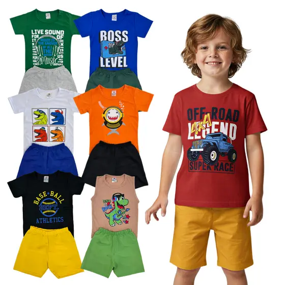 Kit 6 Peças Roupa Infantil Menino Verão Estampado Sortido 3 Conjunto Camiseta + Shorts Bebê