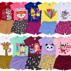 Kit 6 ou 10 Peças Roupa Infantil Menina Conjunto Verão Estampado Sortidos Camiseta/Regata + Shorts 3 ou 5 Conjuntos