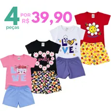 Kit 4 Peças Conjunto Sortido Roupa Infantil Menina Verão Estampado Camiseta + Shorts Bebê 2 Conjuntos