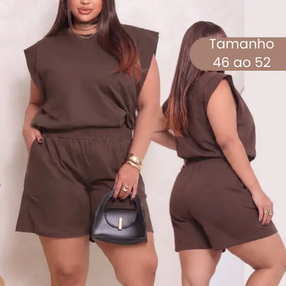 Conjunto Feminino Plus Size Casual Blusa e Short Liso Algodão LUXO