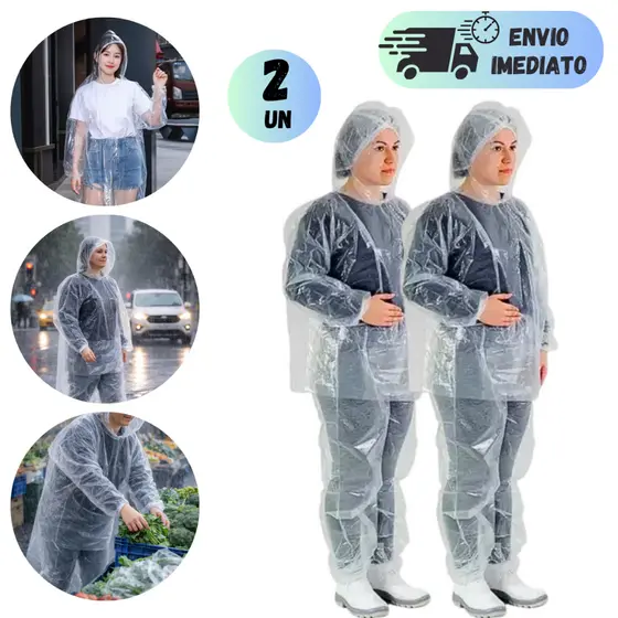 KIT CAPA DE CHUVA DESCARTÁVEL TRANSPARENTE COM CAPUZ JAQUETA E CALÇA TAMANHO ÚNICO