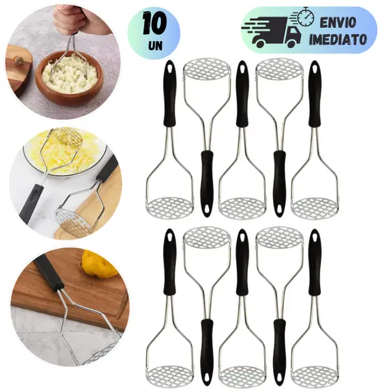 JOGO 4 A 10 AMASSADOR MANUAL DE BATATAS INOX ESPREMEDOR MULTIUSO DE LEGUMES TOMATE FACIL RESISTENTE