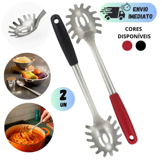 KIT PEGADORES DE MASSA MULTIUSO AÇO INOX 29CM COM CABO PLÁSTICO PARA MACARRÃO SALADA COZINHA