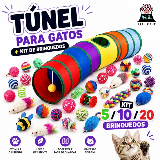 KIT Túnel Para Gatos com 5/10/20 Brinquedos Interativos Colorido Dobrável Pet HL PET