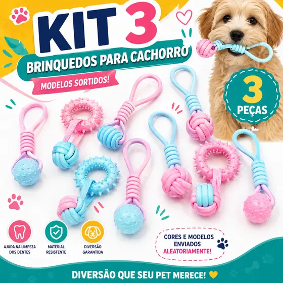 Kit 3 Brinquedos para Cachorro Mordedor Pet Limpeza Dental Interativo Filhote