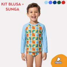 Conjunto de banho praia infantil masculino menino proteção uv camisa e sunga piscina solar natação estampado