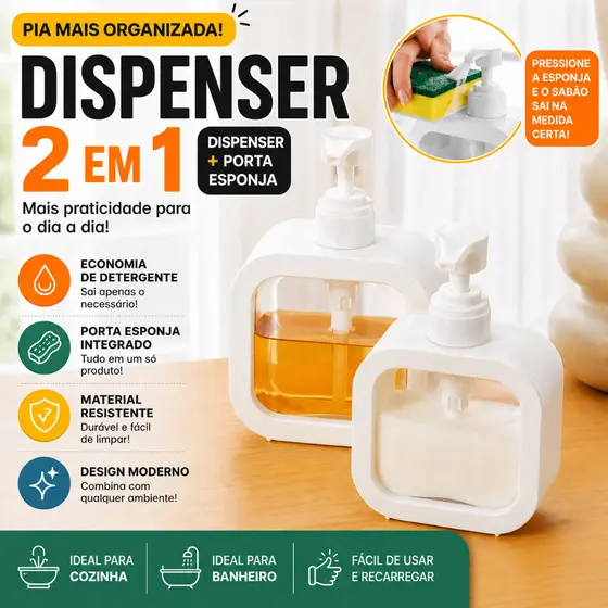 Porta Detergente com Dispenser e Suporte para Esponja 300ml
