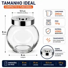 conjunto 4 Potes de Vidro 200ml com Tampa Cromada Porta Temperos Organizador de Cozinha