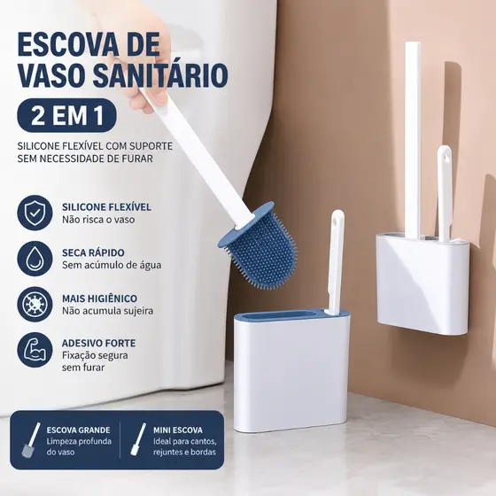 Escova Sanitária 2 em 1 de Silicone Flexível com Suporte para Limpeza de Vaso Sanitário e Banheiro