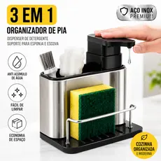 Organizador de Pia 3 em 1 em Aço Inox com Dispensador de Detergente e Suporte para Esponja