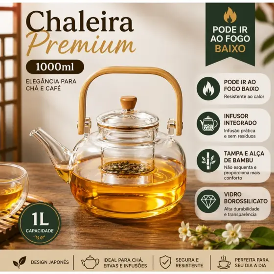 Chaleira de Vidro 1000ml Pode ir ao Fogo Com Alça de Bambu OU com Tampa de Bambu