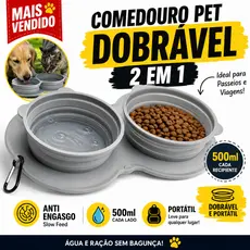 Comedouro Pet Dobrável Duplo 500ml Anti Engasgo Portátil para Cães e Gatos Viagem Passeio