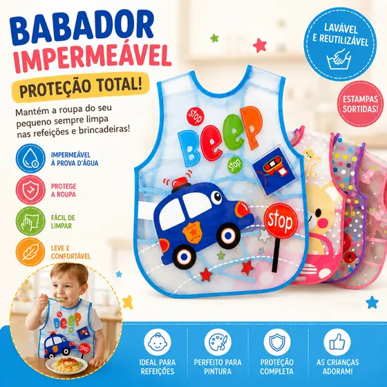 Avental Babador Infantil Impermeável PVC Reutilizável Proteção para Refeição Alimentação Pintura Escolar