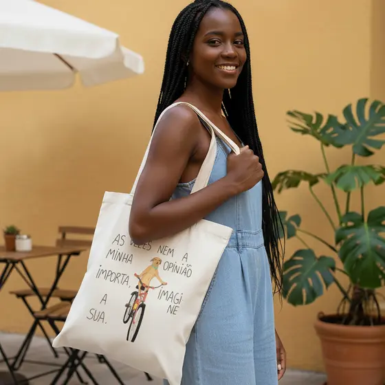 Bolsa Ecobag Estampada Cachorro Caramelo de Bicicleta | Bolsa Tote Sustentável Algodão Cru