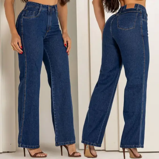 Cal莽a Wide Leg Jeans Feminina Cintura Alta 100% Algod茫o  Sem Lycra