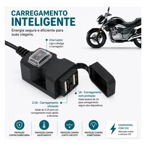 Carregador De Guiador De Moto À Prova D'água 12V-24 Fonte De Alimentação USB Dupla P/ Telefone Móvel