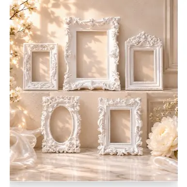 Kit 5 Molduras Brancas Decoração Porta-Retrato Em Resina Delicada Sofisticada