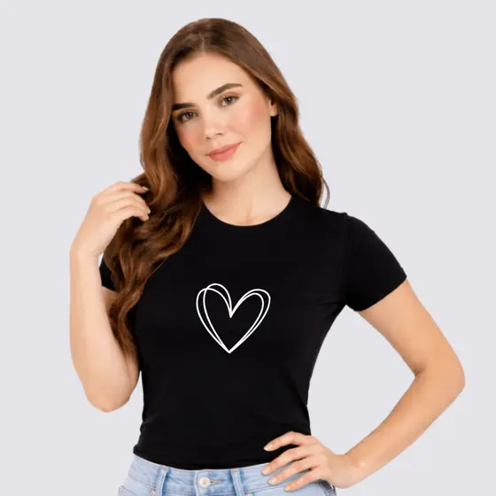 Camiseta T-shirt Baby Look Feminina Estampa Coração 100% Algodão Premium Confortável