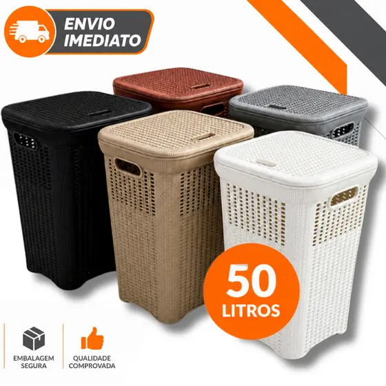 Cesto De Roupas Rattan 50 Litros Baú Com Tampa Premium Várias Cores