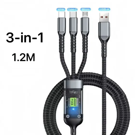 Cabo Super Rápido 100W 6A 3 em 1, Liga de Zinco resistente, compatível com Type-C e Micro USB