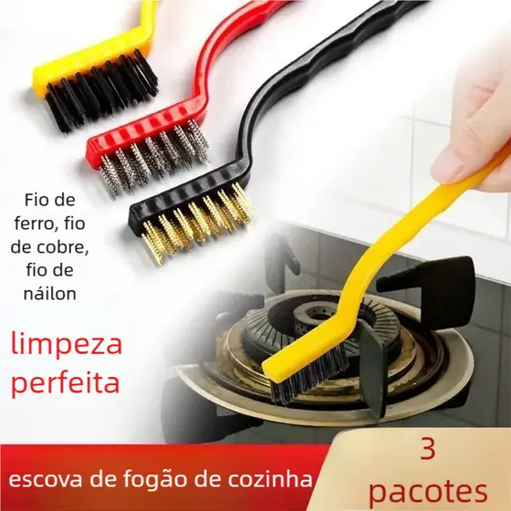 Escova Limpeza Multiuso – 3 UN, Aço Latão Nylon, Forno Grelha Fogão