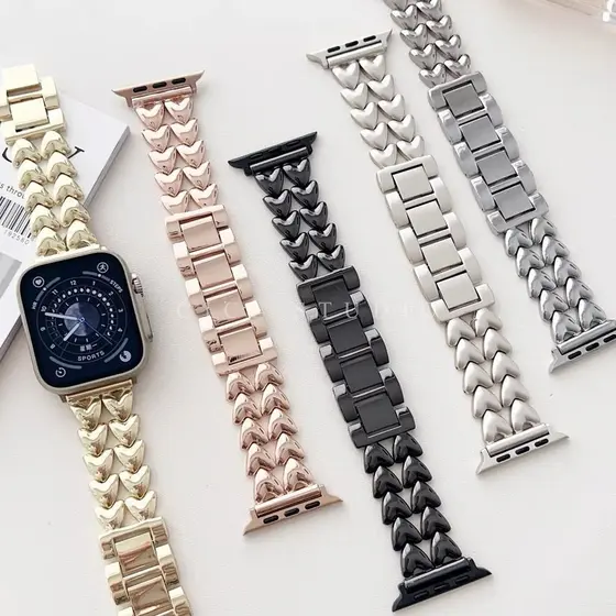 Pulseira Dois Coração De Aço Inoxidável Para Apple Watch 41/40/42/46/44/45/38/49 Menina Watch Séries